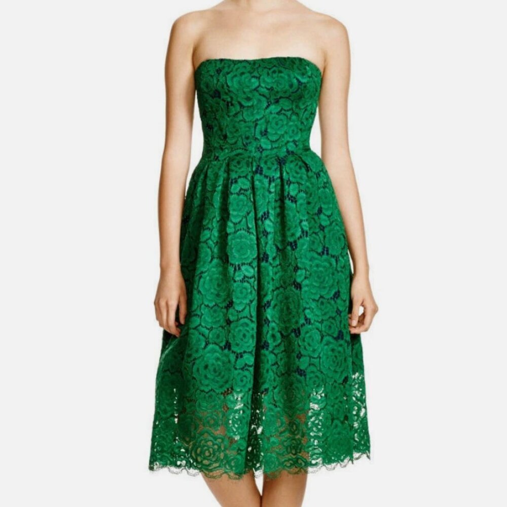Vera Wang Green Lace Strapless Fit & Flare Midi Cocktail Dress 2